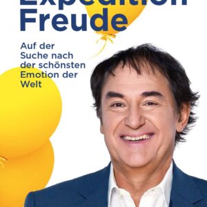 Buchcover von Dr. med. Roman Szeliga mit dem Titel „Expedition Freude – Auf der Suche nach der schönsten Emotion der Welt“. Ein lächelnder Mann im Anzug ist frontal porträtiert. Im Hintergrund schweben gelbe Luftballons auf weißem Grund. Verlagssignet Amalthea unten links.