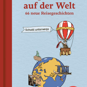 Das Buchcover von Michael Schottenberg "Irgendwo auf der Welt" zeigt auf blauem Hintergrund eine Weltkugel, die eine winkende Karikatur des Autors in einem rot-weiß gestreiften Ballon umfliegt. Er zieht ein Banner mit der Aufschrift "Schotti unterwegs" hinter sich her. Darüber ist der Name des Autors, "Michael Schottenberg", und der Titel des Buches, "Irgendwo auf der Welt", in rot platziert. In der unteren rechten Ecke ist ein roter Sticker mit der Aufschrift "Hörbuch über QR-Code im Kapitel, gelesen vom Autor" abgebildet.