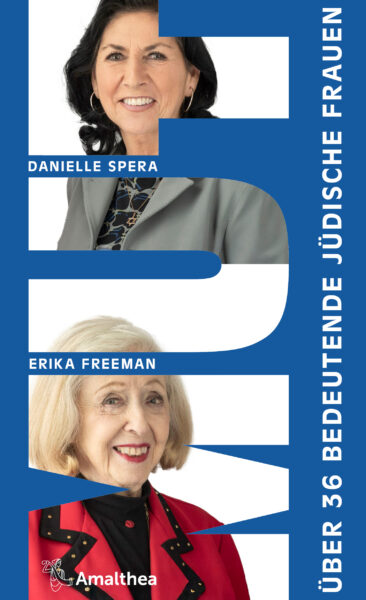 Das Buchcover von Danielle Spera und Erika Freeman "Mut" ist blau. Der Schriftzug "Mut" ist vertikal entlang des Buchrückens platziert. In den Buchstaben befinden sich Bilder der Autorinnen Danielle Spera und Erika Freeman. Rechts daneben läuft vertikal der Schriftzug "Über 36 bedeutende jüdische Frauen".